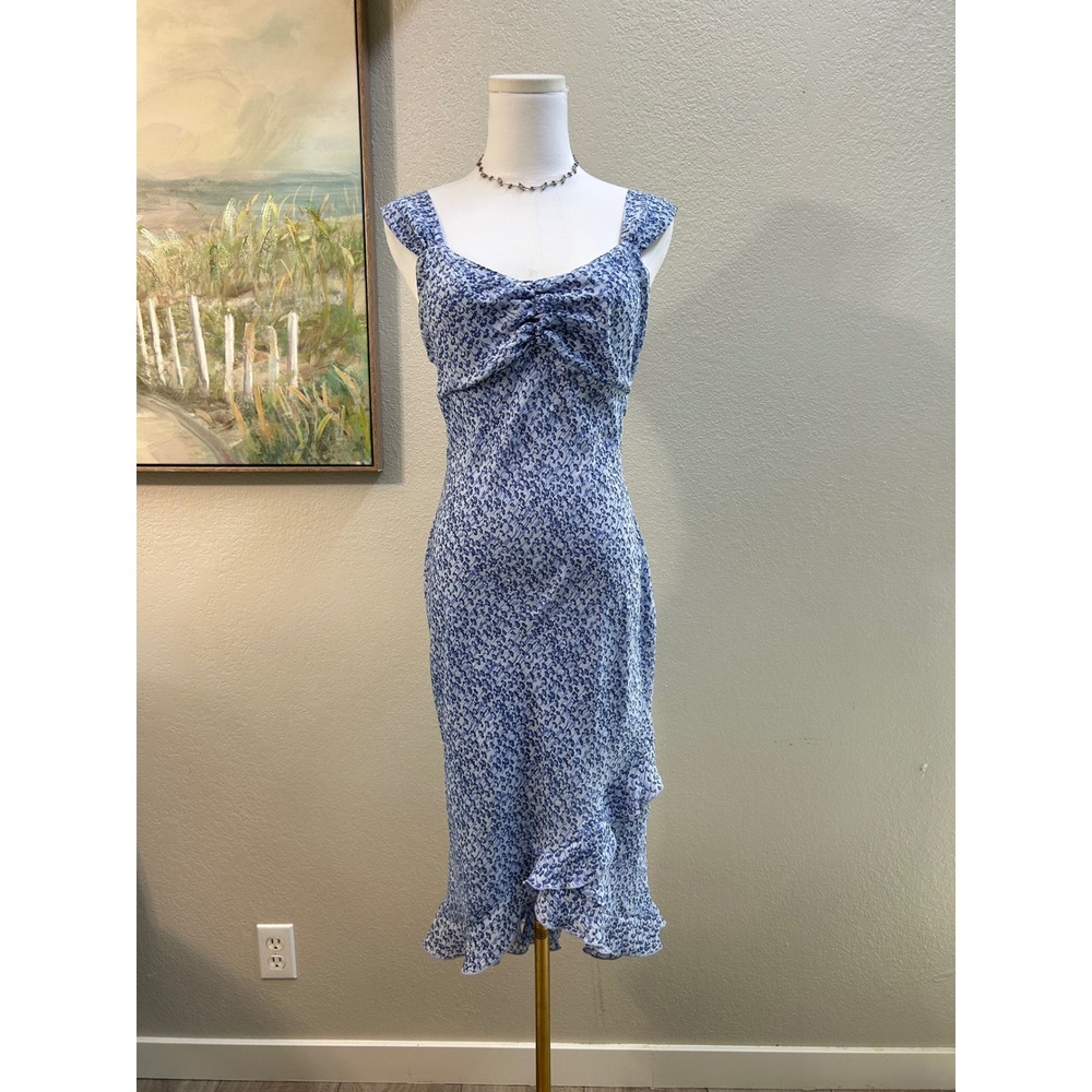Jonathan Martin Blue Floral Midi Dress Y2K Ruched Ruffle Asymmetrical Size 9